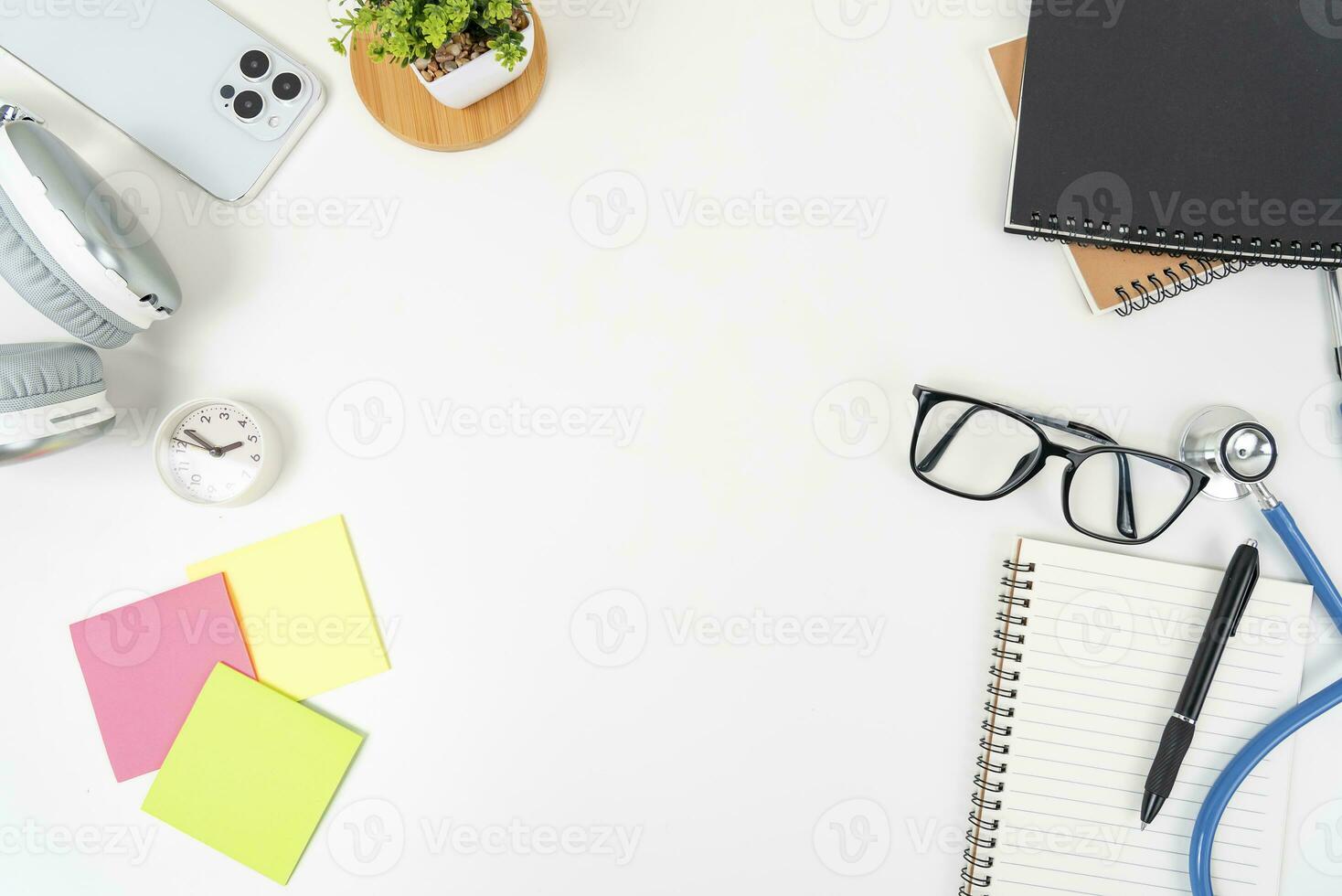 white office desk table Top view with copy space. Flat lay. photo