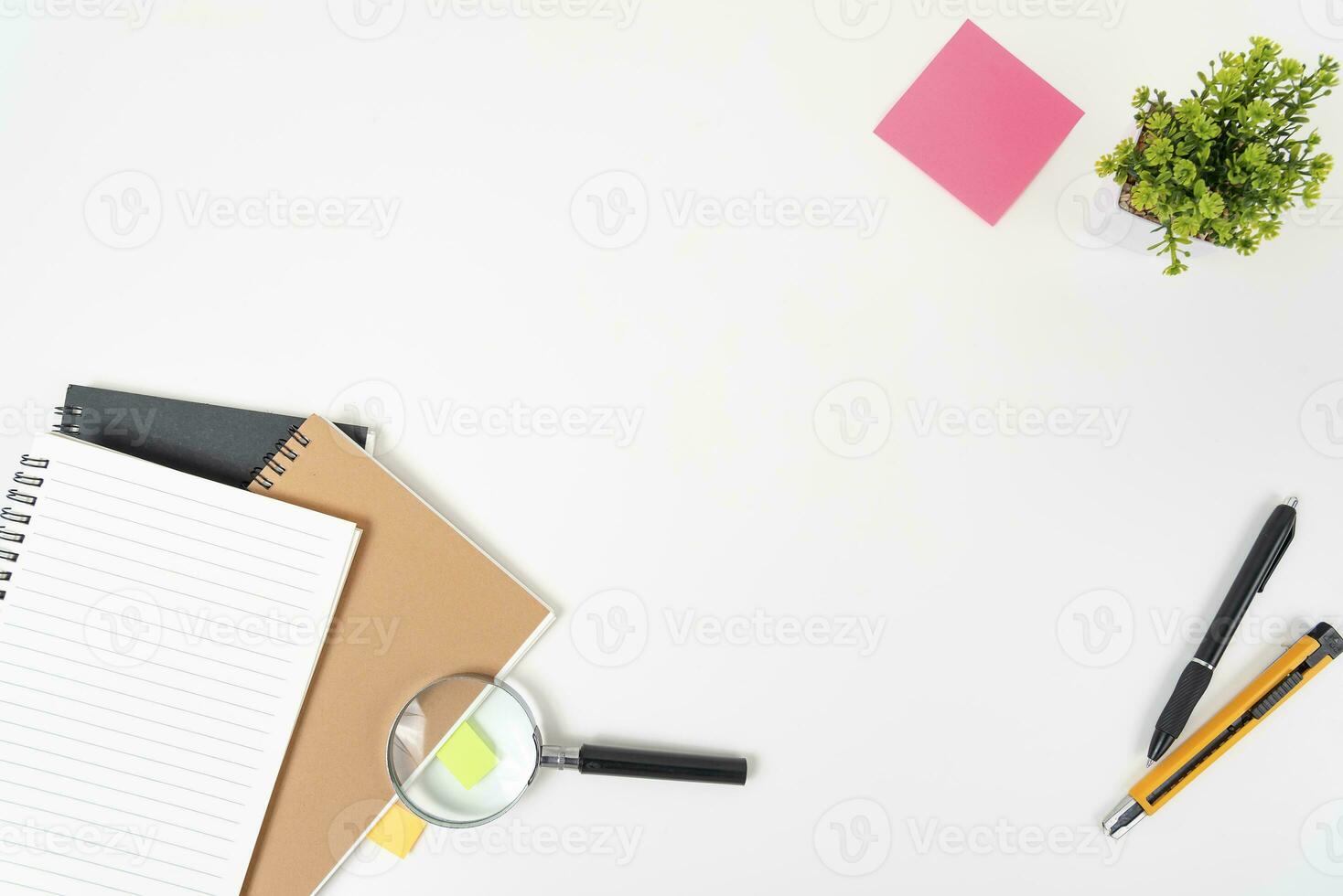 white office desk table Top view with copy space. Flat lay. photo