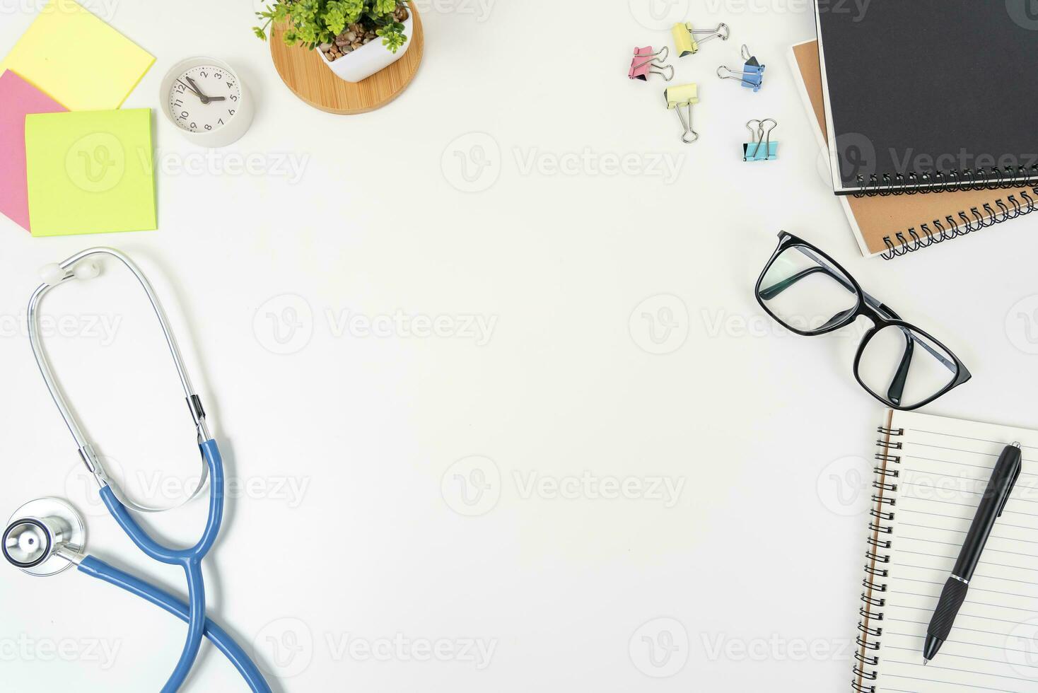white office desk table Top view with copy space. Flat lay. photo