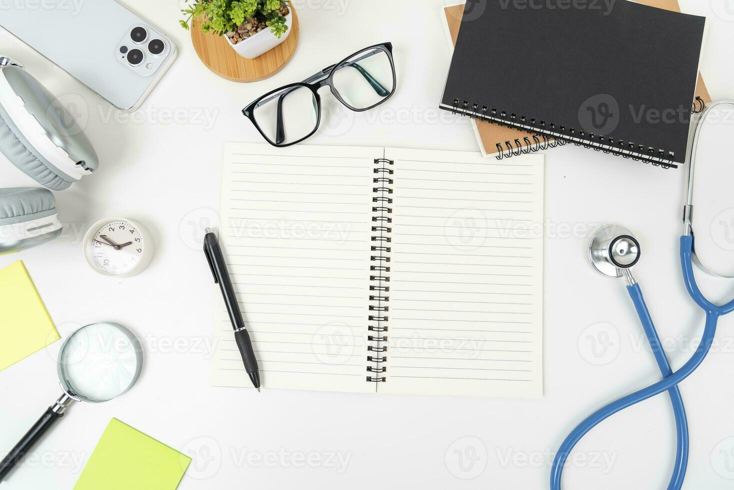 white office desk table Top view with copy space. Flat lay. photo