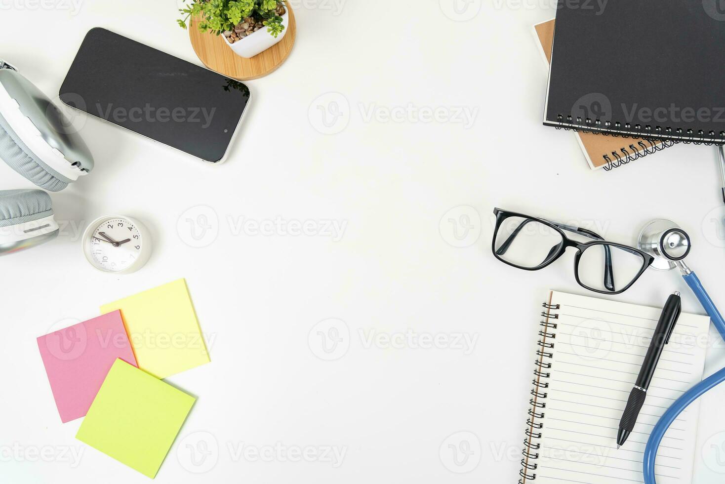 white office desk table Top view with copy space. Flat lay. photo