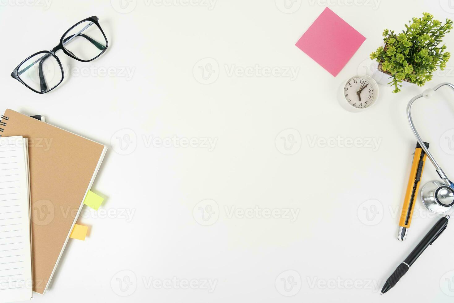 white office desk table Top view with copy space. Flat lay. photo