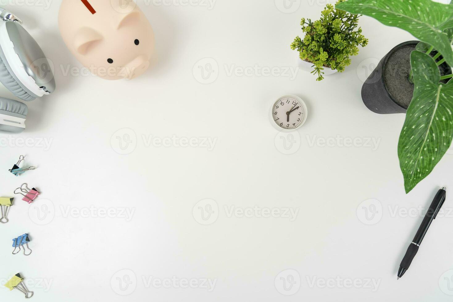 white office desk table Top view with copy space. Flat lay. photo