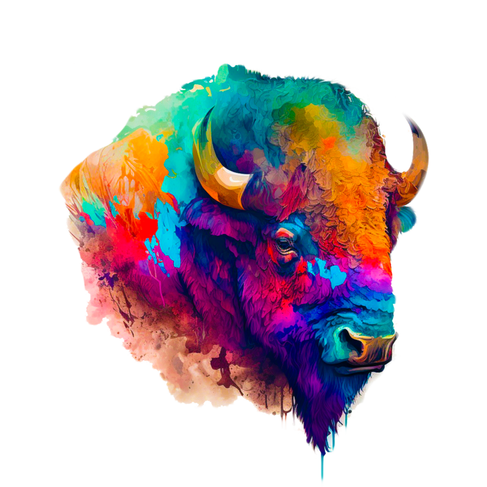 Bison is drawn with multicolored watercolors isolated on png