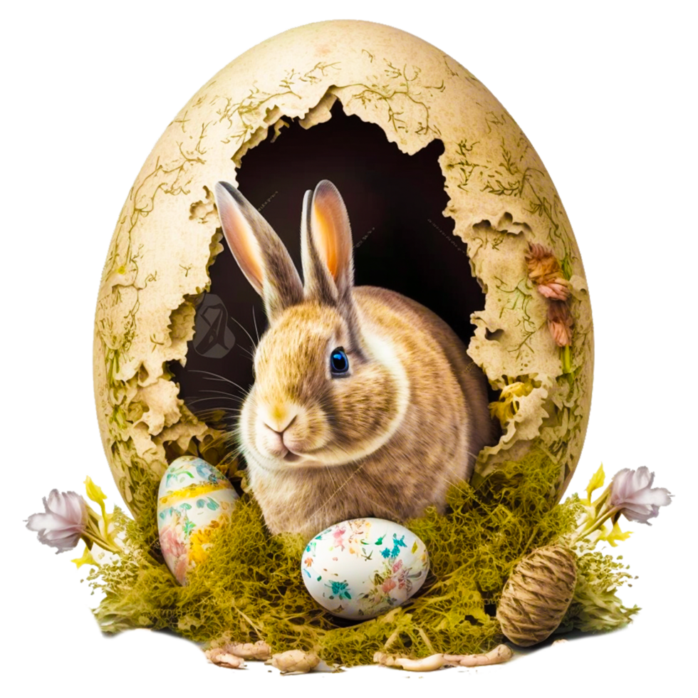 Pâques lapin suivant à des œufs et fleurs de fête printemps concept avec lapin png ai génératif