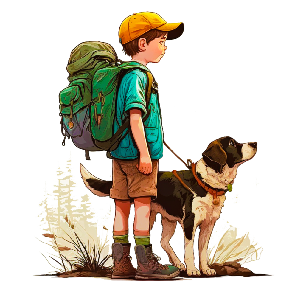 söt pojke med ryggsäck som junior spana med hund png ai generativ