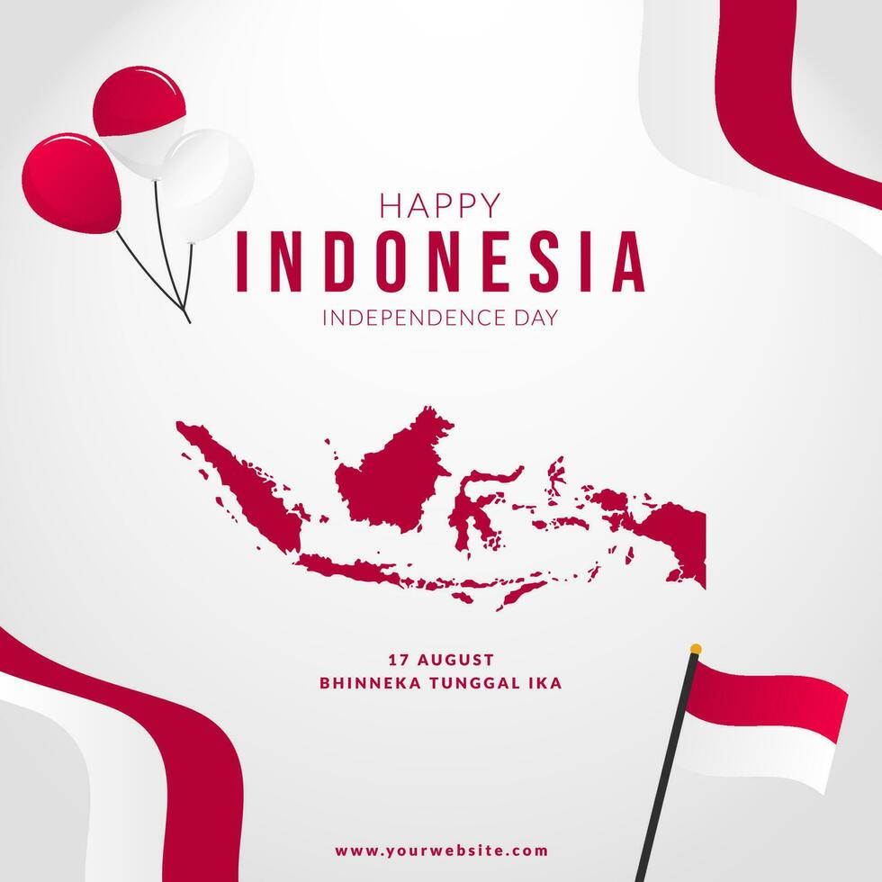 Indonesia independence day illustration social media template with wavy flag and Indonesia maps vector