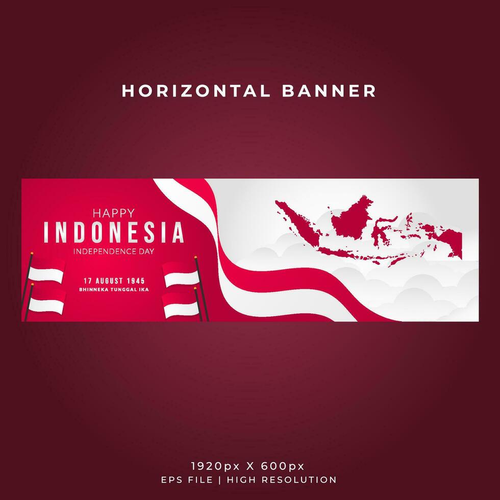 Indonesia Independence Day Horizontal Banner Template - Wavy Flag and Indonesian Maps vector