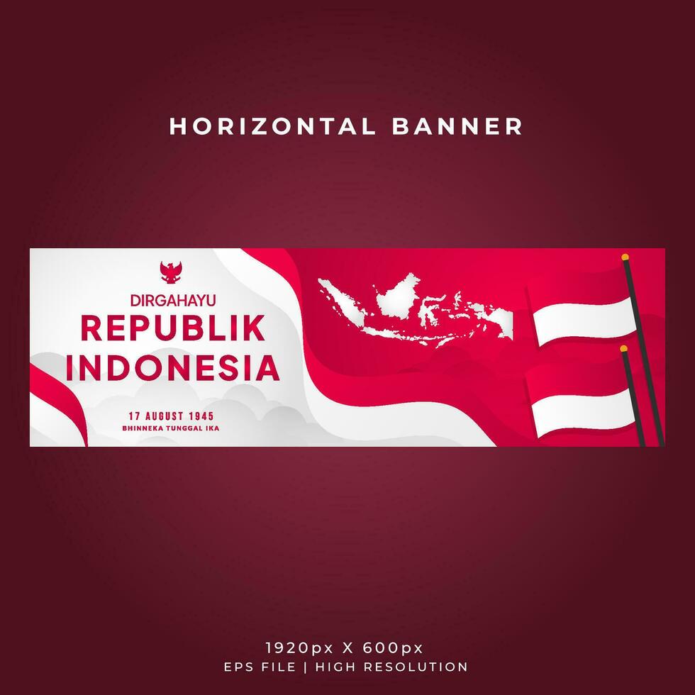 Indonesia Independence Day Horizontal Banner Template - Wavy Flag and Indonesian Maps vector