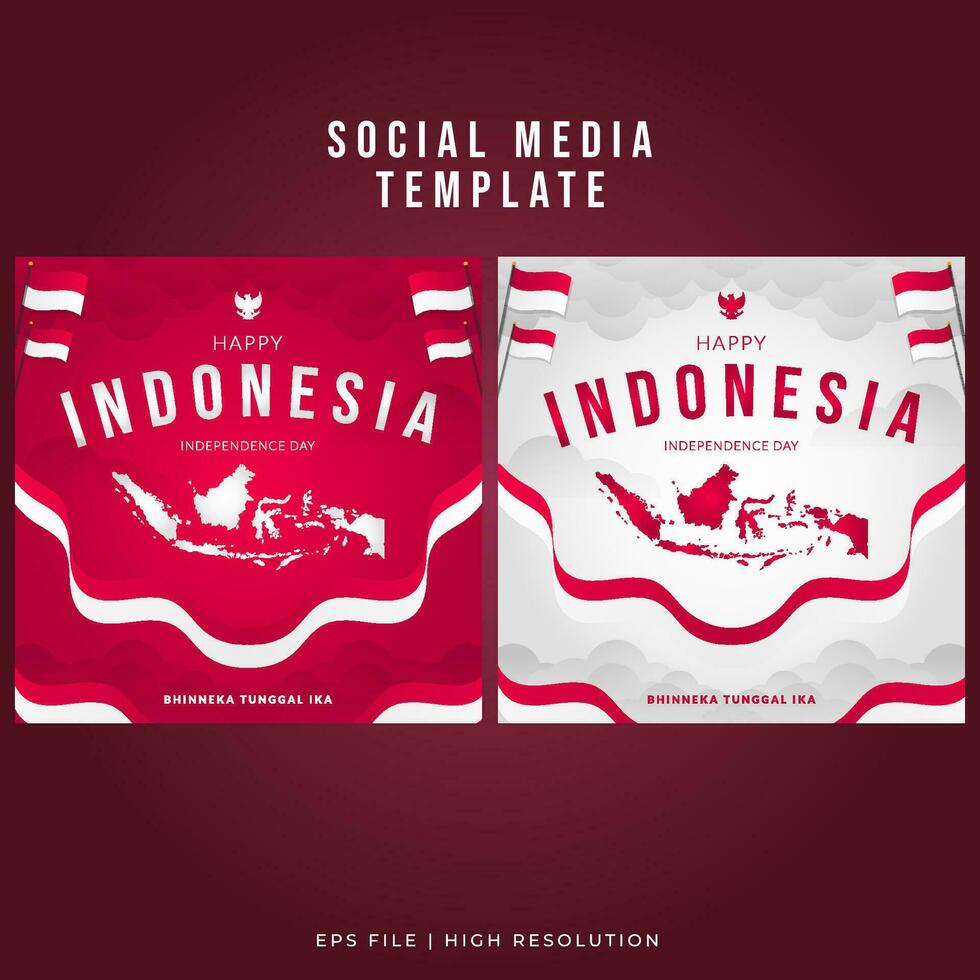 Indonesia Independence Day Social Media Template Poster - Wavy Flag and Indonesian Maps vector