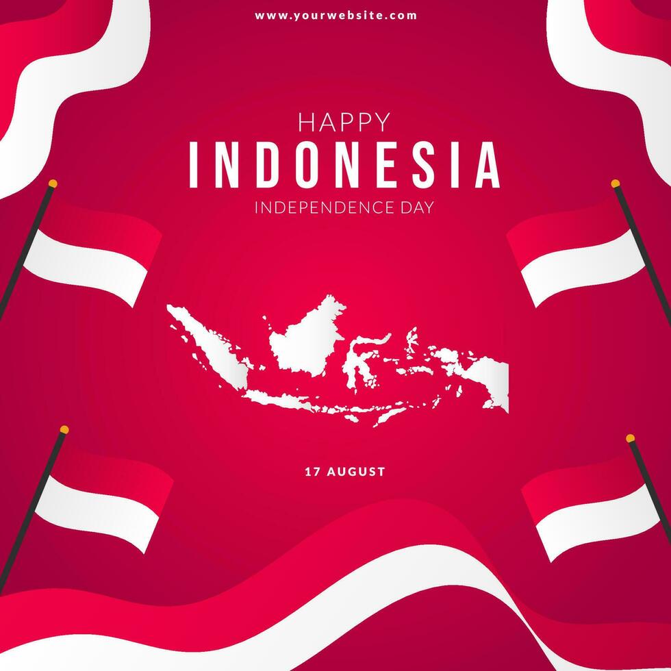 Indonesia independence day illustration social media template with wavy flag and Indonesia maps vector
