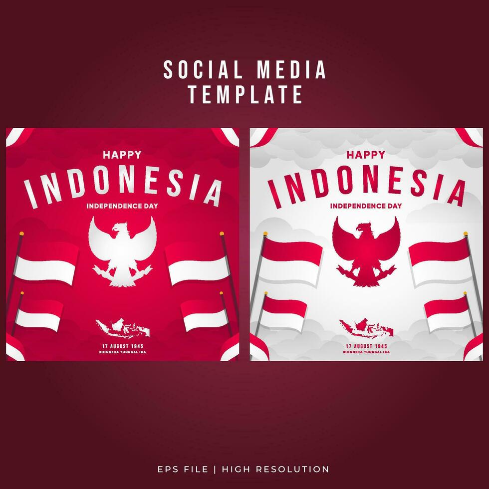 Indonesia Independence Day Social Media Template Poster - Wavy Flag and Indonesian Maps vector