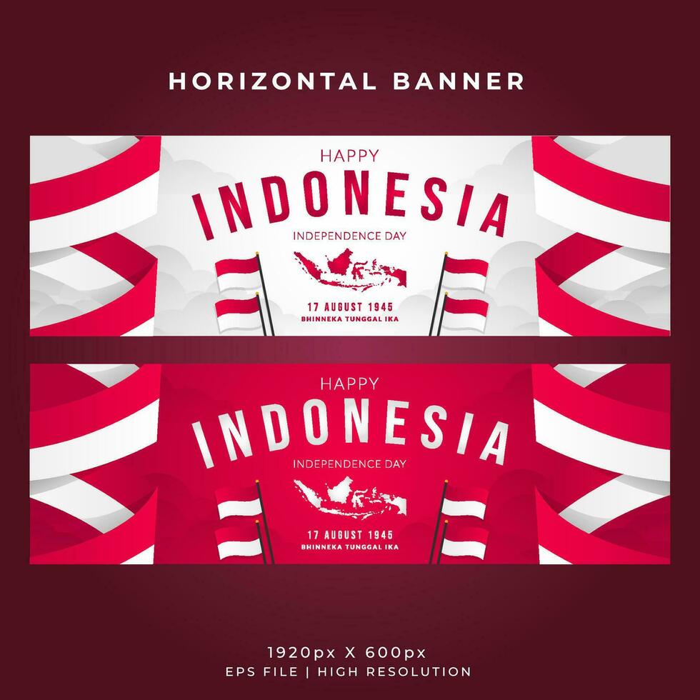 Indonesia Independence Day Horizontal Banner Template - Wavy Flag and Indonesian Maps vector