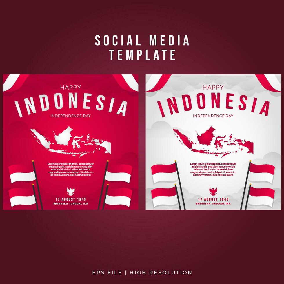 Indonesia independencia día social medios de comunicación modelo póster - ondulado bandera y indonesio mapas vector