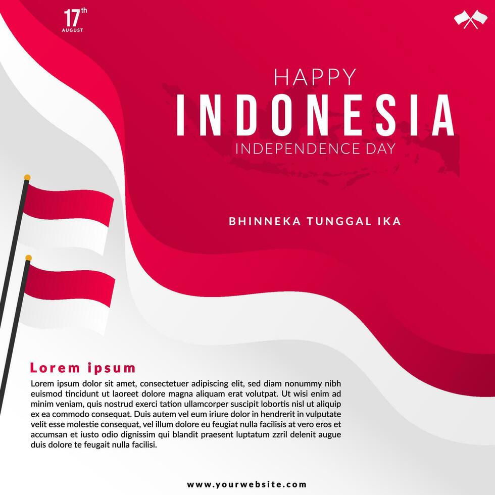 Indonesia independence day illustration social media template with wavy flag and Indonesia maps vector