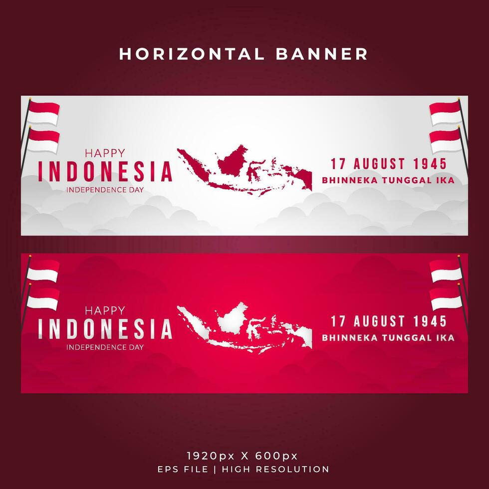 Indonesia Independence Day Horizontal Banner Template - Wavy Flag and Indonesian Maps vector