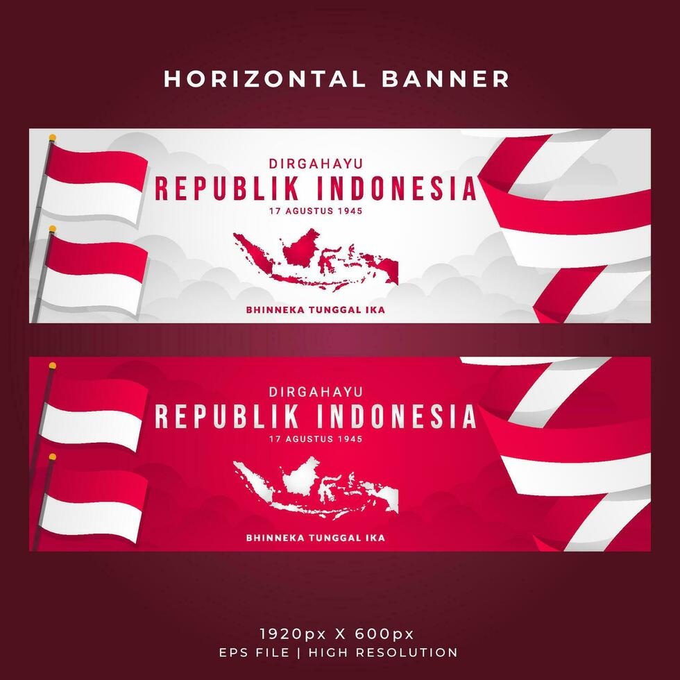 Indonesia Independence Day Horizontal Banner Template - Wavy Flag and Indonesian Maps vector