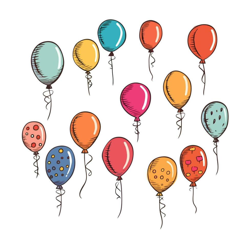 mano dibujado linda globos aislado en blanco antecedentes. modelo para tarjeta postal, bandera, póster, web diseño. cumpleaños fiesta decoración vector