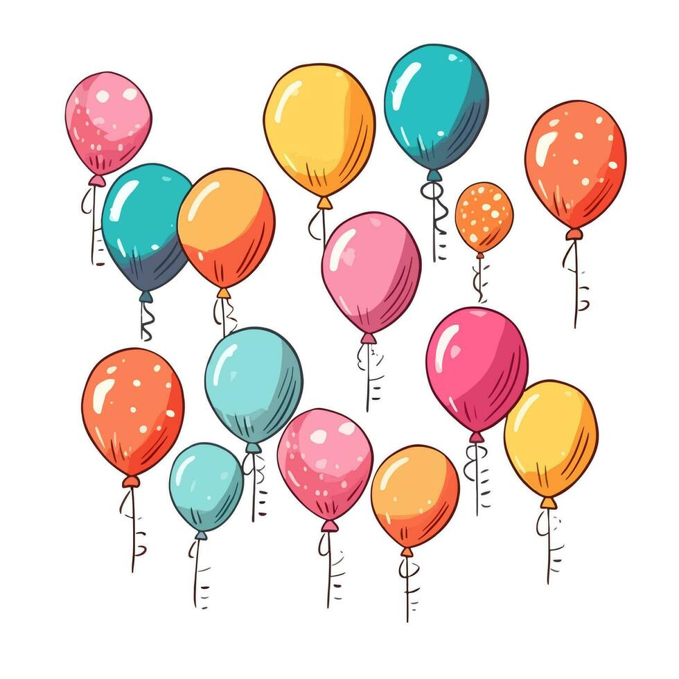Hand Drawn cute balloons isolated on white background. Template for postcard, banner, poster, web design. Birthday party decoration vector