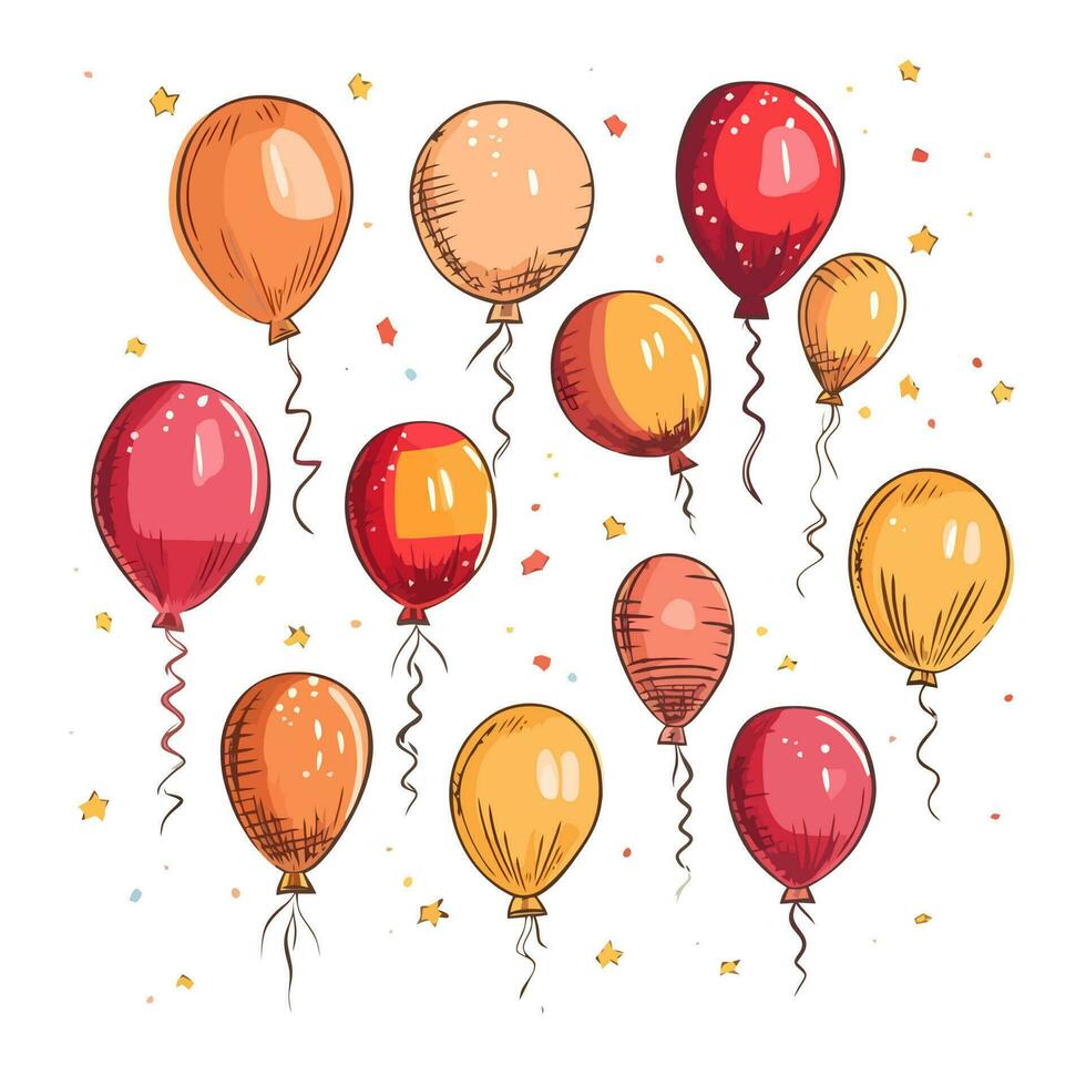 Hand Drawn cute balloons isolated on white background. Template for postcard, banner, poster, web design. Birthday party decoration vector