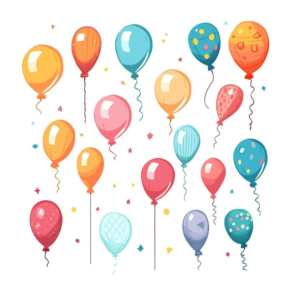 Hand Drawn cute balloons isolated on white background. Template for postcard, banner, poster, web design. Birthday party decoration vector