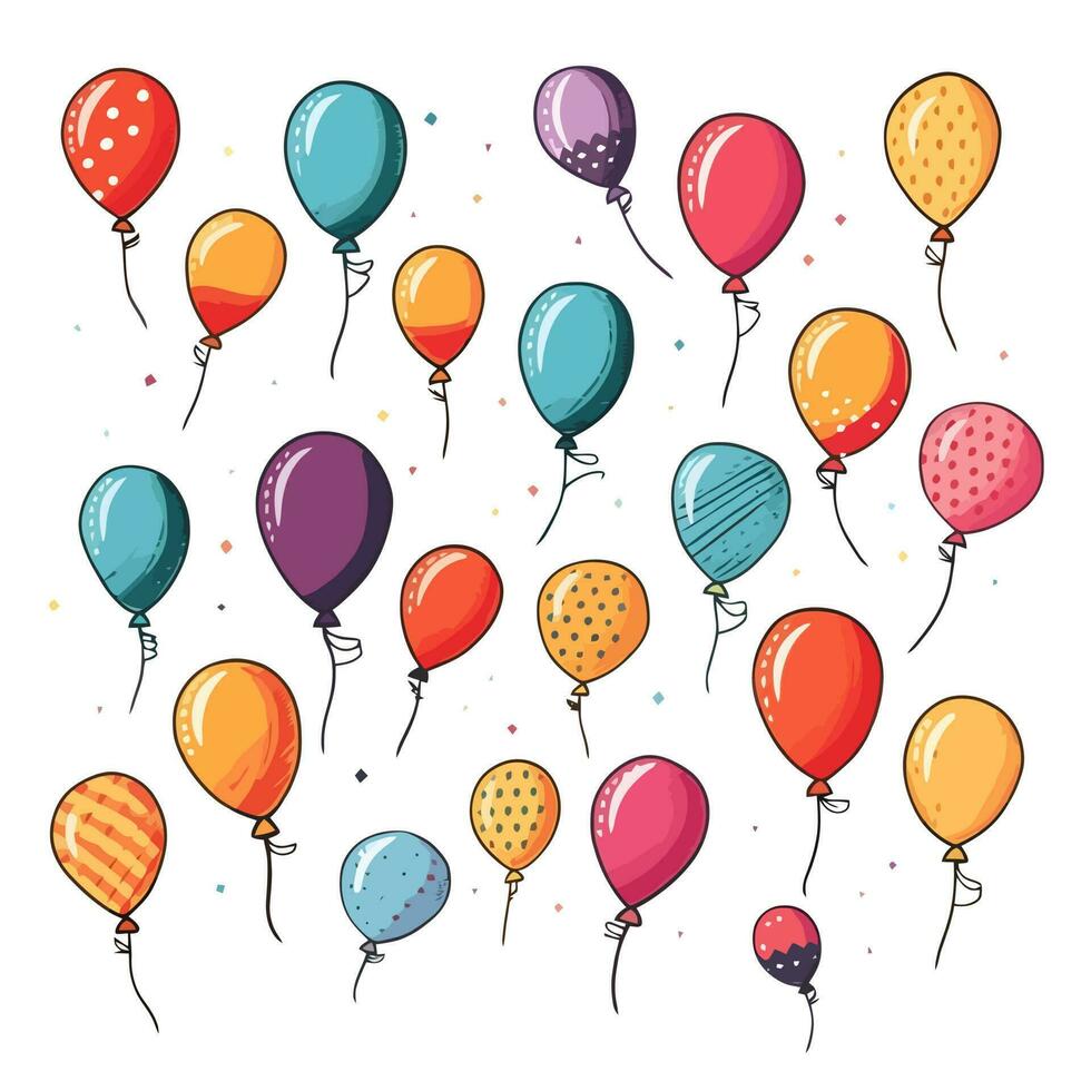 Hand Drawn cute balloons isolated on white background. Template for postcard, banner, poster, web design. Birthday party decoration vector