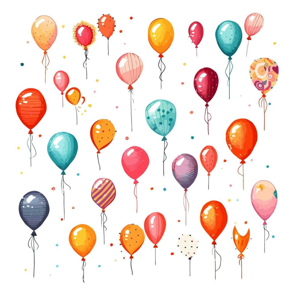 mano dibujado linda globos aislado en blanco antecedentes. modelo para tarjeta postal, bandera, póster, web diseño. cumpleaños fiesta decoración vector