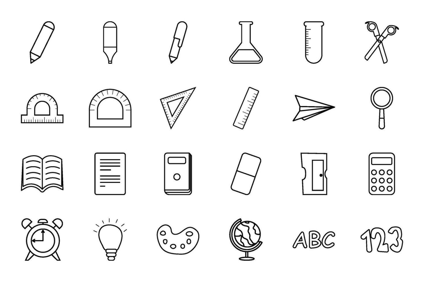 Line art School supplies set. ruler, calculator, globe, books, soccer ball, notebooks, pen, pencils, paints, backpack, etc. vector