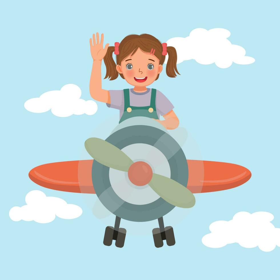 happy little girl flying an airplane waving hand in the blue sky vector