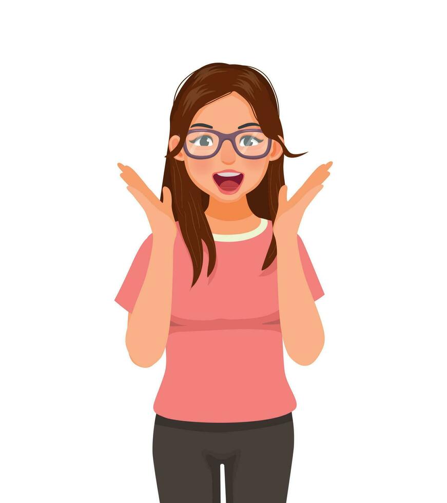 Surprised young woman with glasses feeling excited screaming open her mouth and hands showing positive expression vector