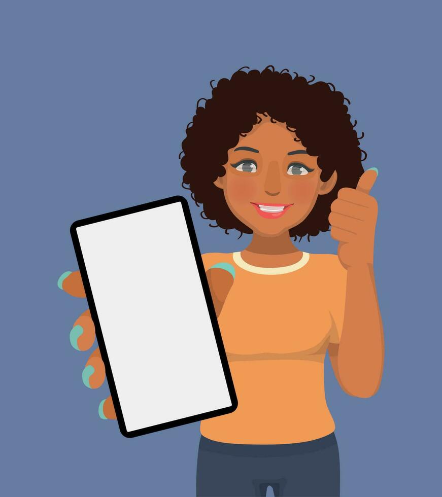 Young African woman holding smart phone with blank screen showing thumb up vector