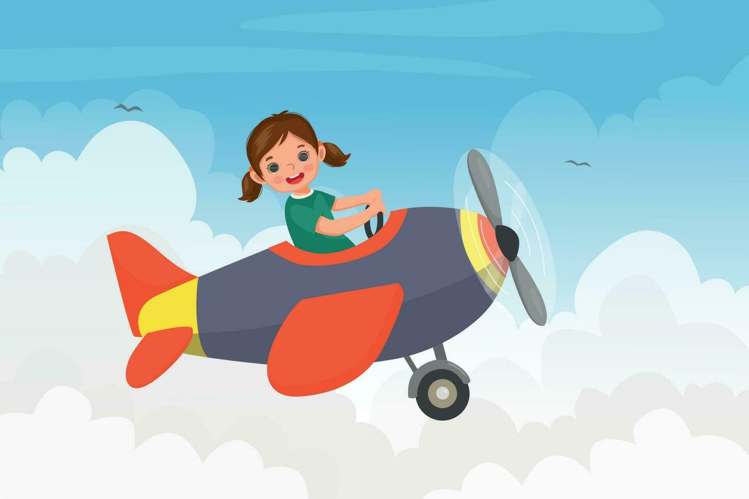 linda pequeño niña volador un avión en el azul cielo vector