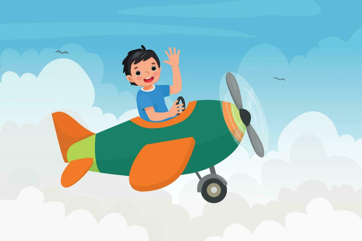 cute little boy flying an airplane waving hand in the blue sky vector