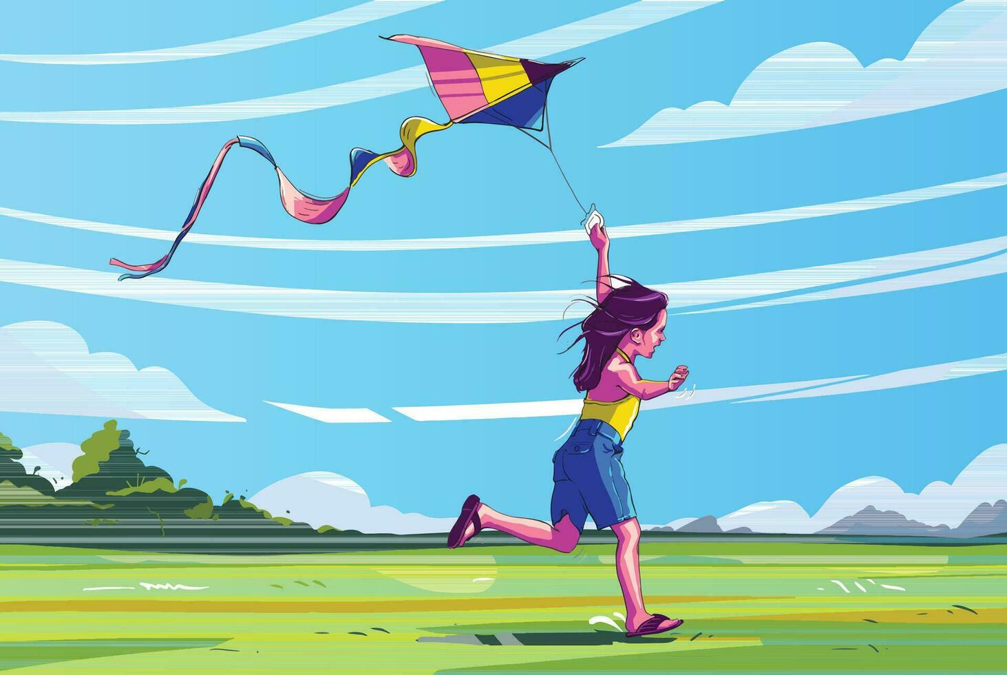 Young girl running and flying kite, Landscape Background vector illustration with Open sky and field