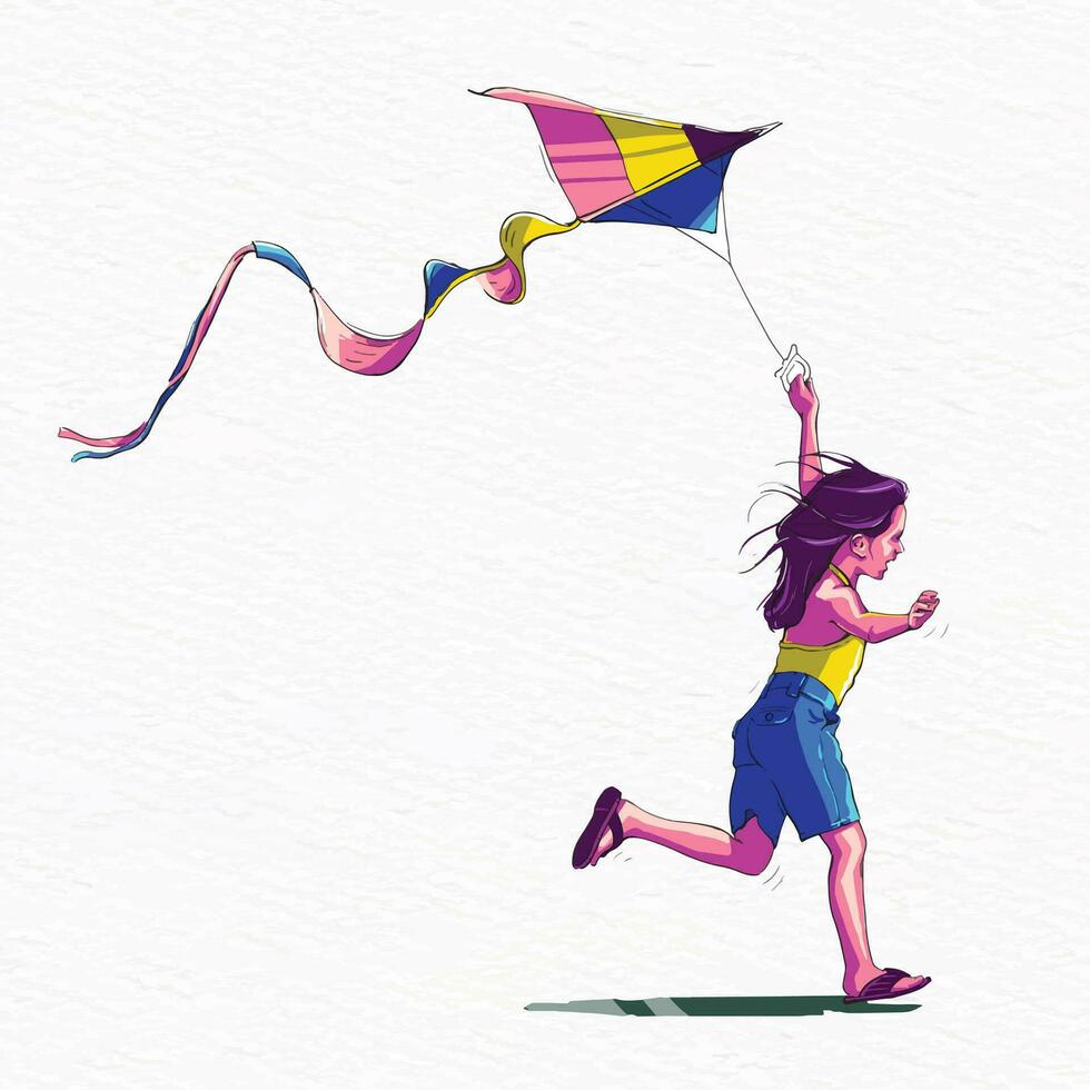 Young girl running and flying kite hand drawn vector illustration