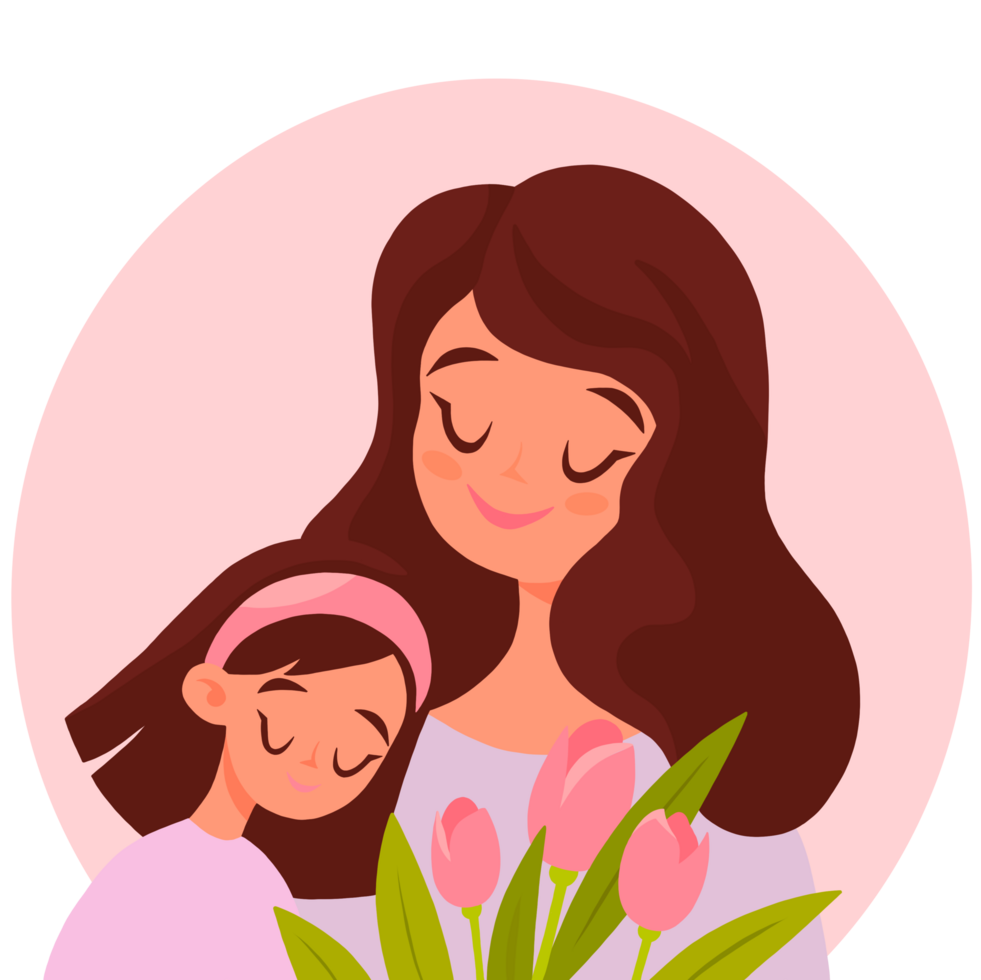 Mother's Day Card Happy mother with daughter and flowers png