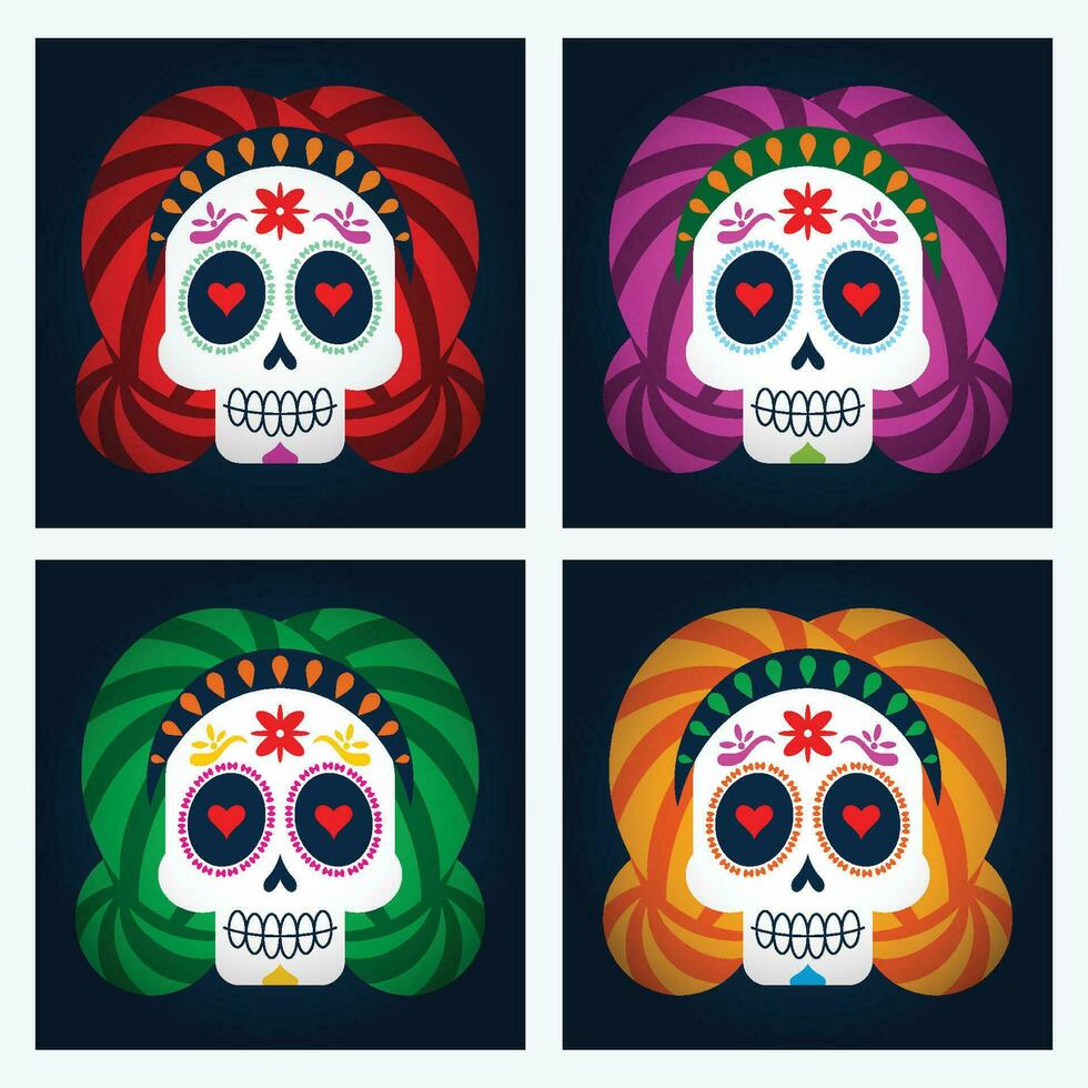 Illustration of Dia de los Muertos Day of the Dead Different Hair Color Icons Vector