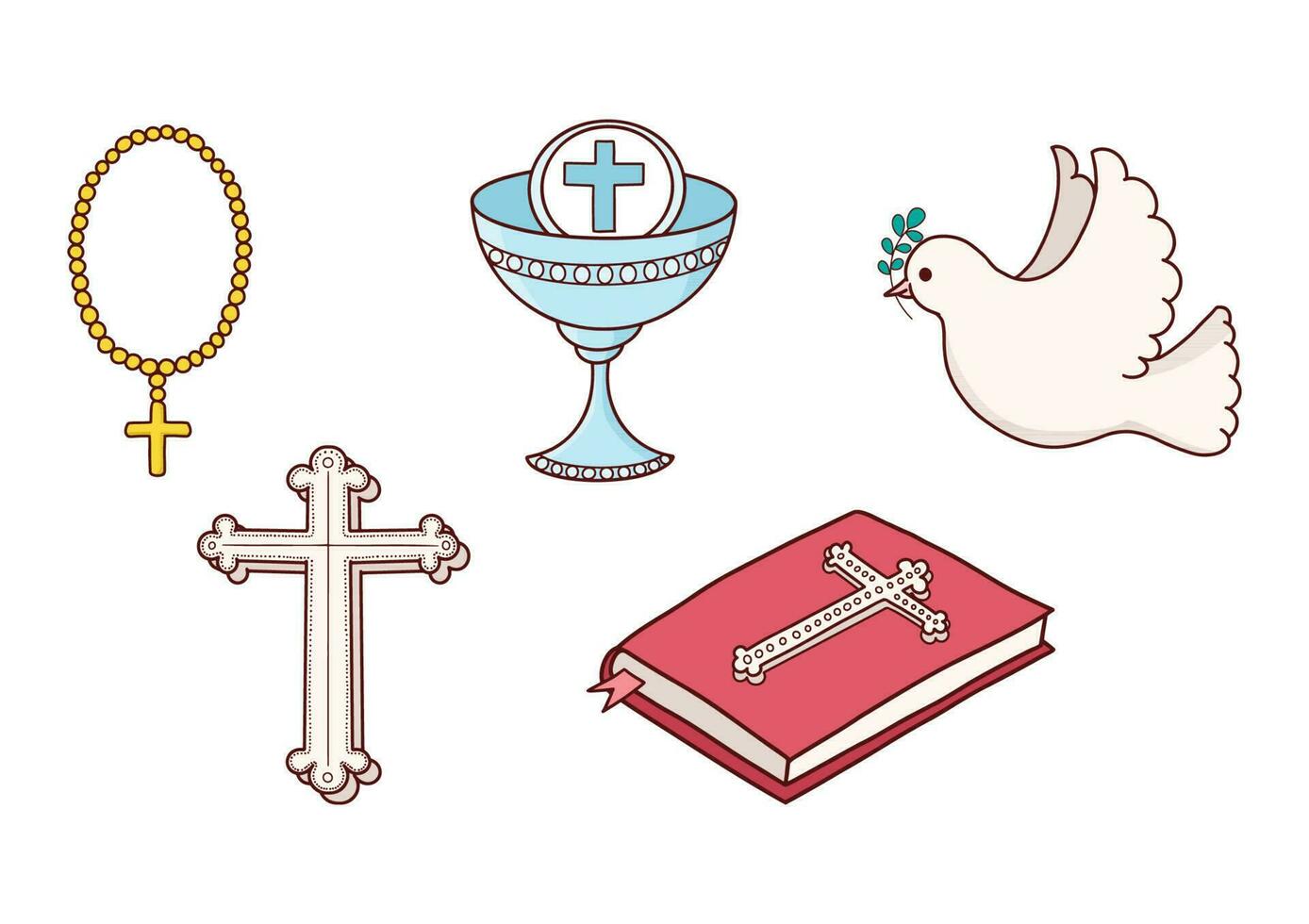 Christianity Elements set Hand Drawing Style, Dove, Holy Communion, Cross, Bible and Rosary Vector