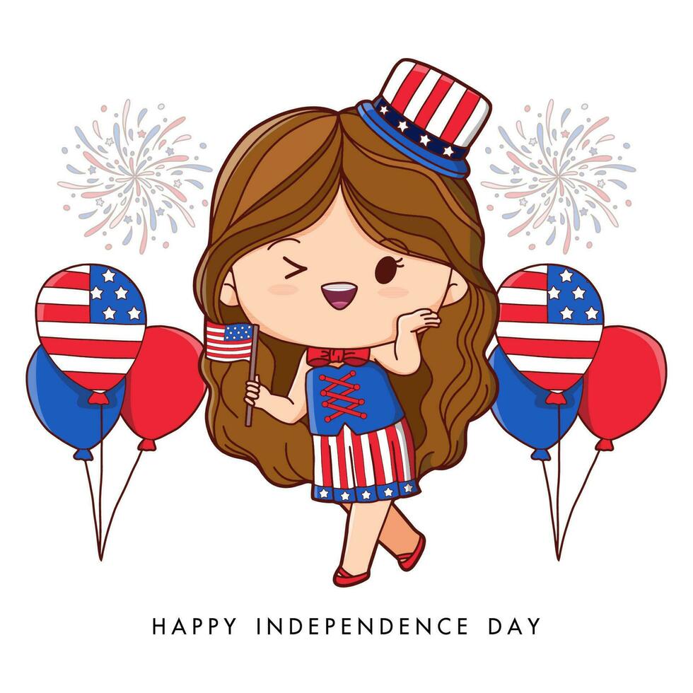 American Girl Portrait Celebrating 4th Of July Independence Day with Costume, Holding Flags, Hand Drawing Style Vector