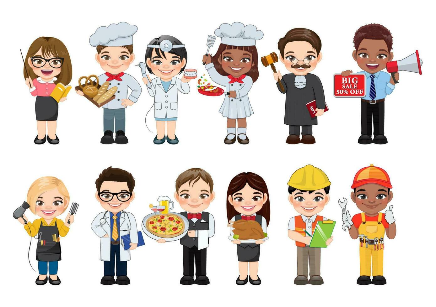 Kids Vector Characters Collection with Set of 12 Different Professions or Occupation in Flat icon Style