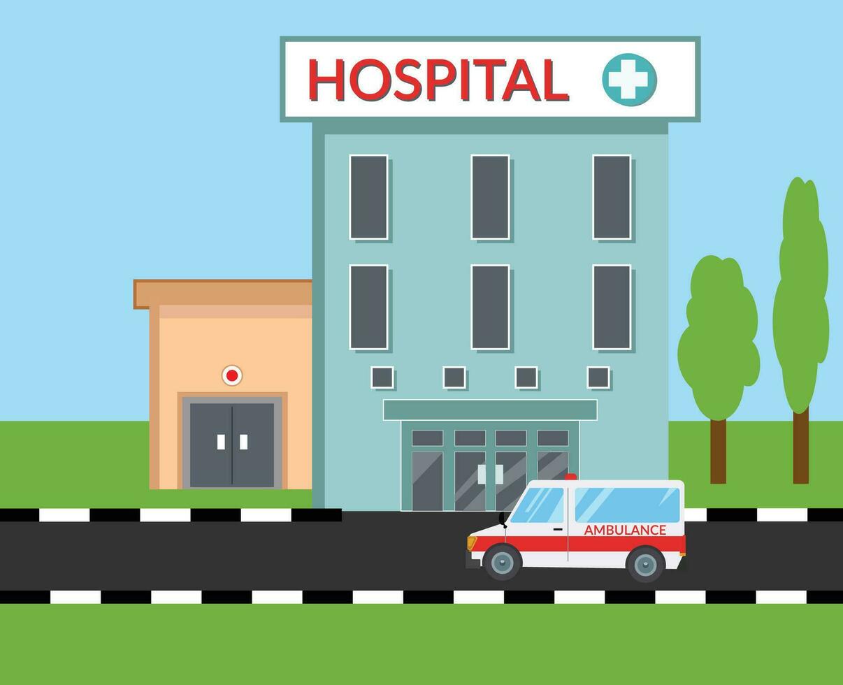 flat hospital building and ambulance vector