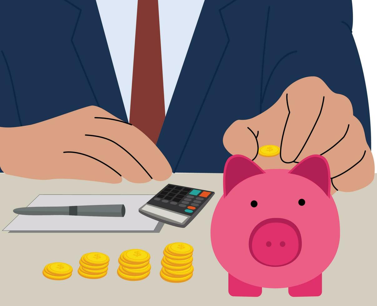businessman calculating interest rate and dividend return on investment income compensation investment fund tax dividend and pile of coins vector