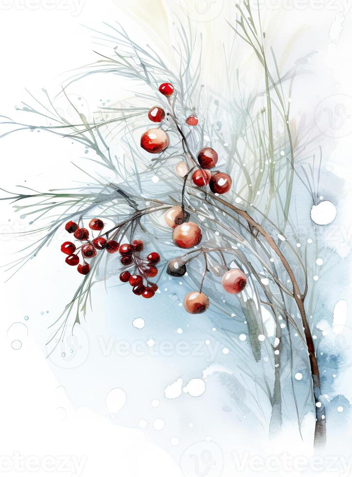 Christmas card with christmas tree branches and winter berries. Illustration photo