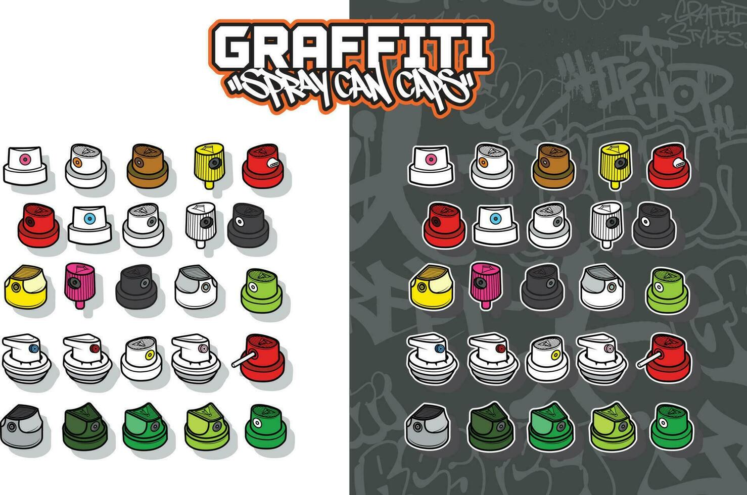 A set of graffiti caps in vector design, graffiti spray can caps artwork