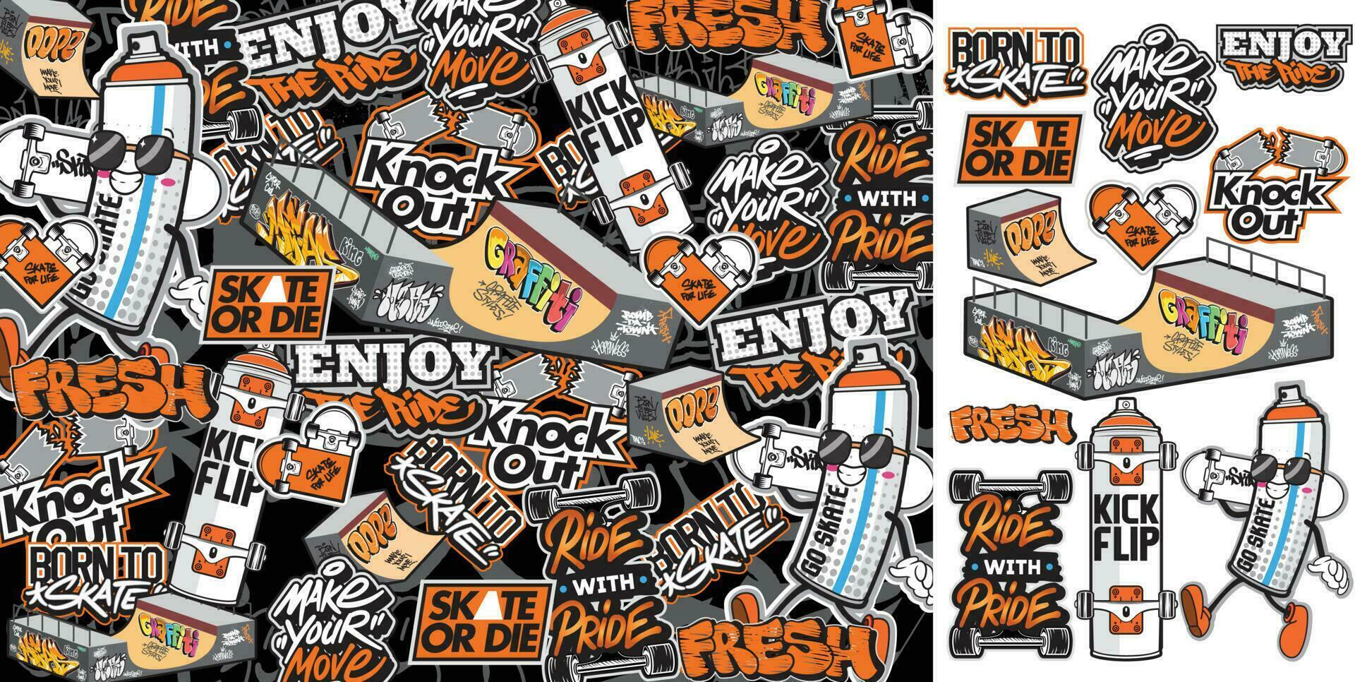 A set of colorful sticker art designs of skateboard illustrations in graffiti style. Graffiti sticker design artwork vector