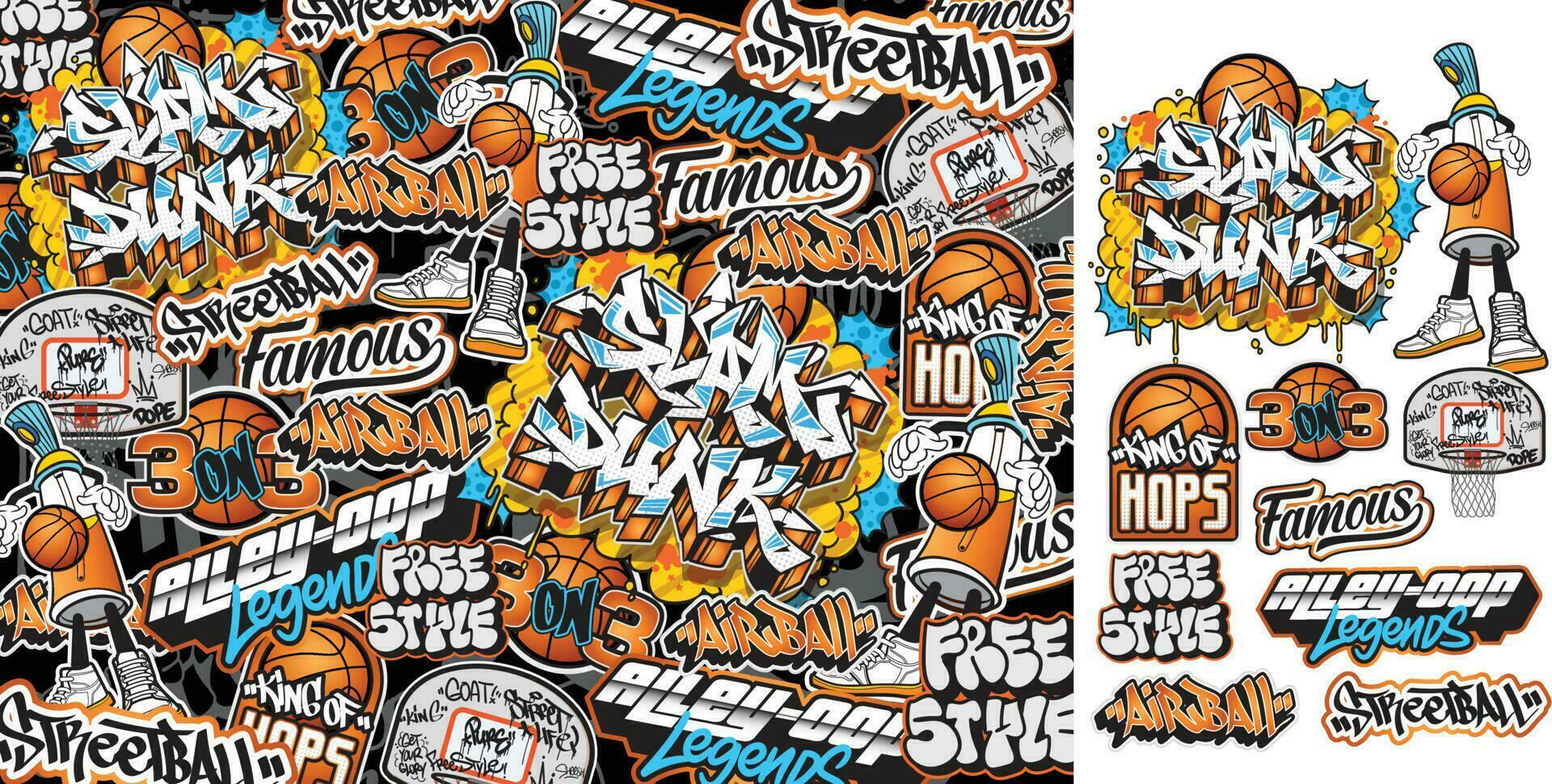 A set of colorful sticker art designs of the street basketball illustrations in graffiti style. Graffiti sticker design artwork vector
