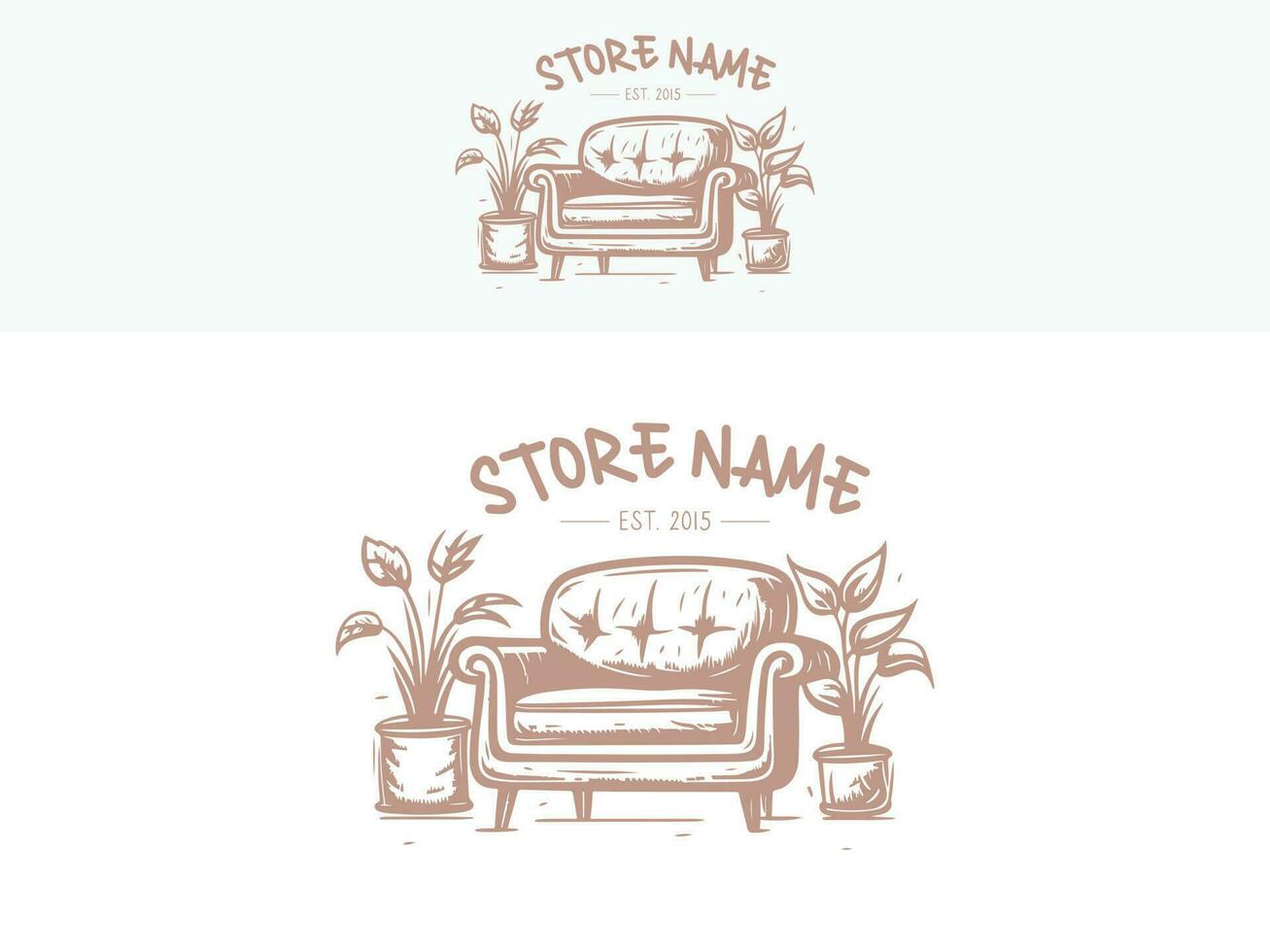 mueble empresa logo diseño mano dibujo estilo con dos plantas en ambos lados de sofá vector