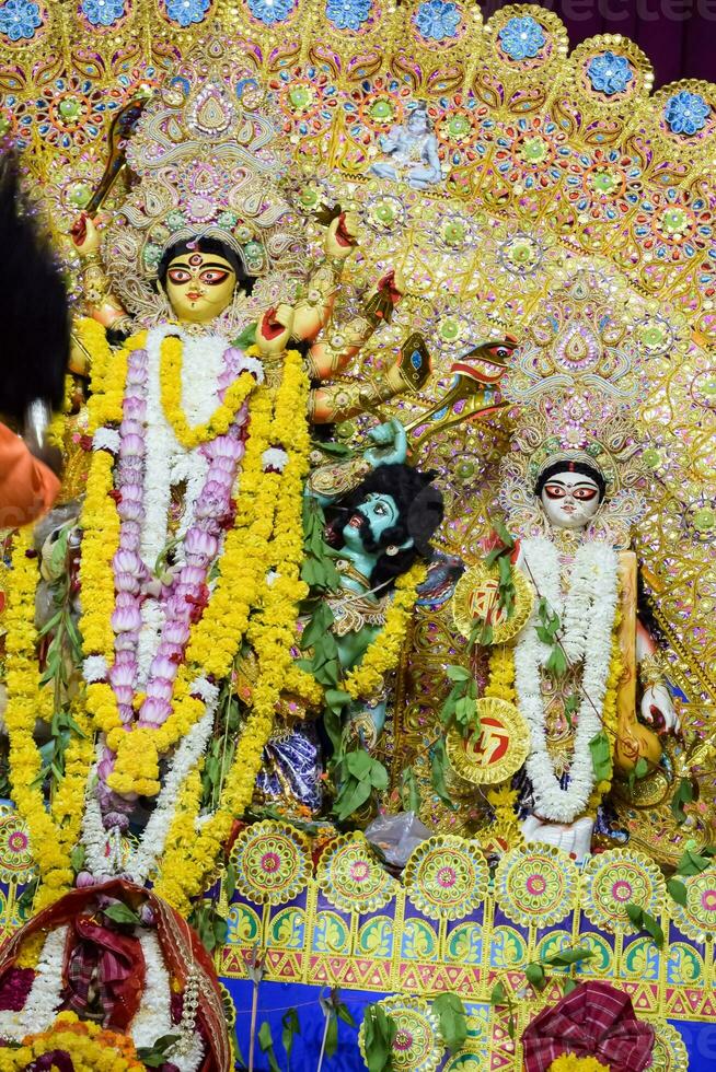 Goddess Durga with traditional look in close up view at a South Kolkata Durga Puja, Durga Puja Idol, A biggest Hindu Navratri festival in India photo