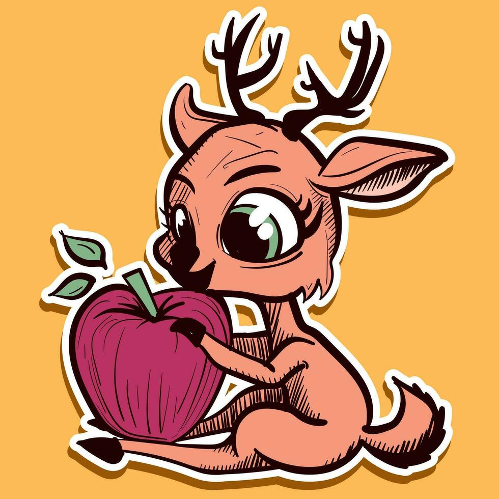 Digital art of a cute deer with horns holding a big apple. Hungry reindeer with big eyes and a fruit, vector illustration.