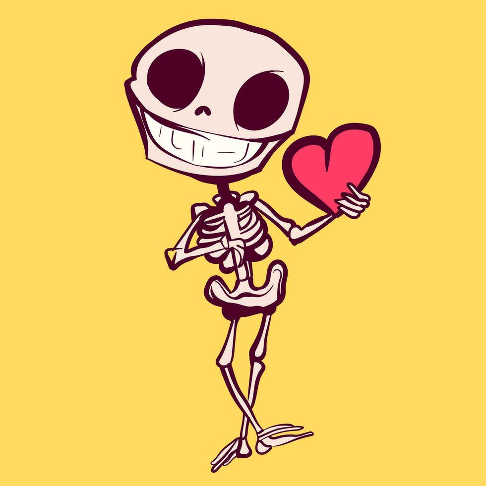 Digital art of a smiling skeleton cartoon holding a heart. Mascot character with bones and a skull, conceptual drawing for Valentine's day vector